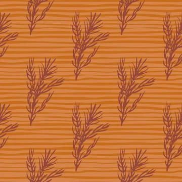 Rosemary branches silhouettes seamless pattern. Herbal fresh print on orange  Illustrazione stock