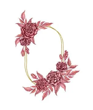 Roses and buds gothic frame oval watercolor Stock Illustration