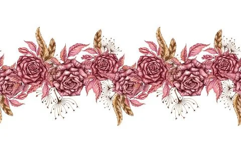 Roses and feathers pattern horizontal watercolor Stock Illustration