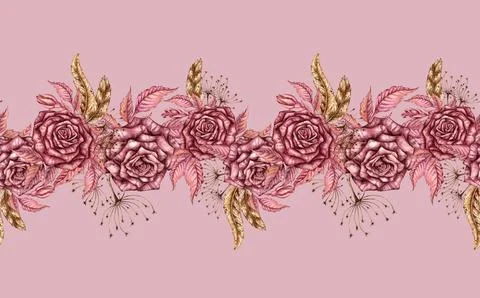 Roses and feathers pattern horizontal on pink background watercolor Illustrazione stock