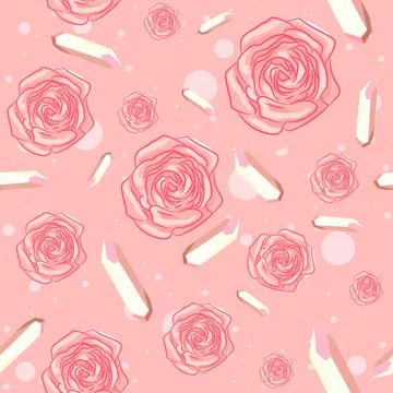 Roses and gemstones seamless pattern on a pink background. Stock Illustration