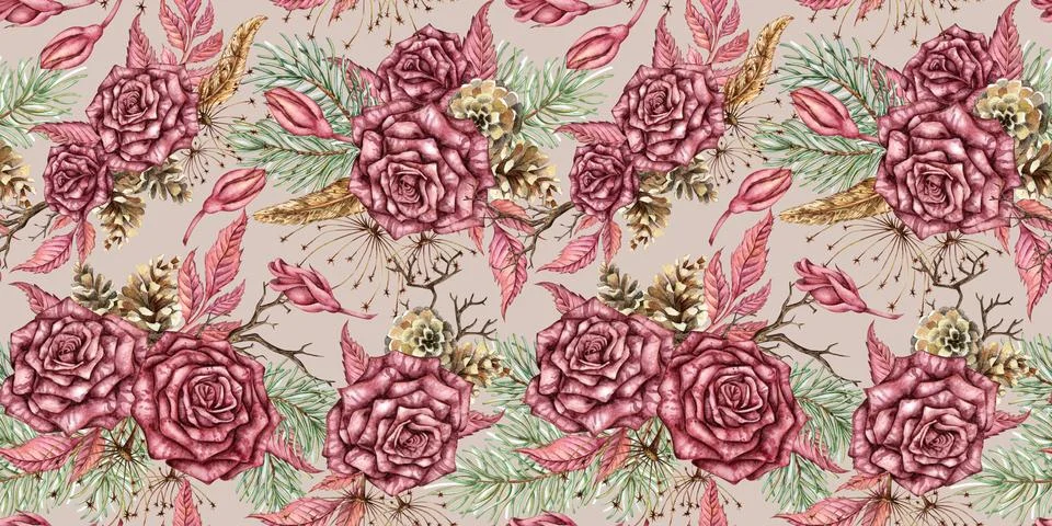 Roses and pine pattern warm nude watercolor Stock Illustration
