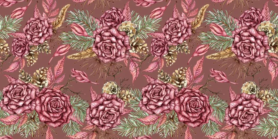 Roses and pine pattern wine watercolor Stock Illustration
