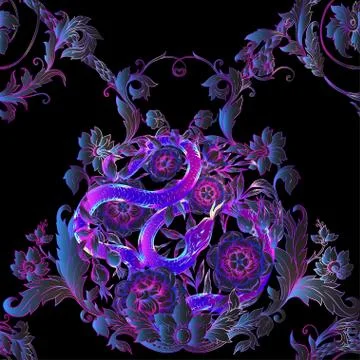 Roses and snake. Seamless pattern, background. Stockillustratie