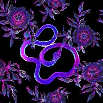 Roses and snake. Seamless pattern, background. Stock Illustration