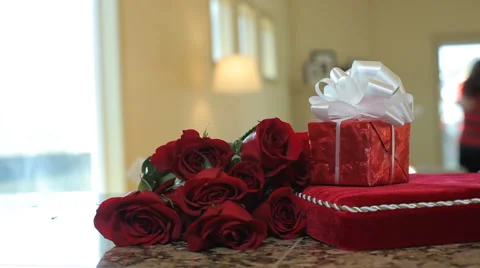 Roses chocolates and present for valentines day Stock Footage 61663625