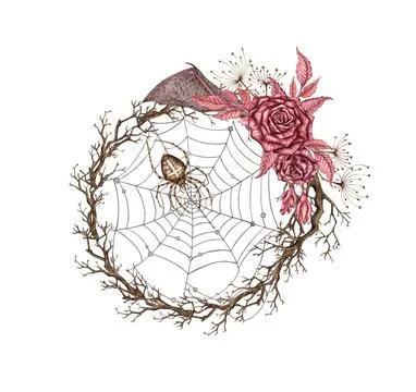 Roses dry branches bat wing round frame watercolor Stock Illustration