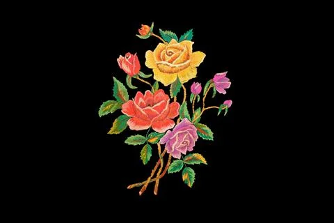 Roses embroidered with colored threads isolated on black background Stock Photos