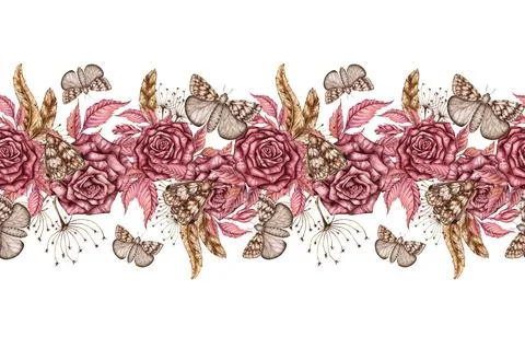 Roses feathers and butterflies pattern horizontal watercolor Stockillustratie