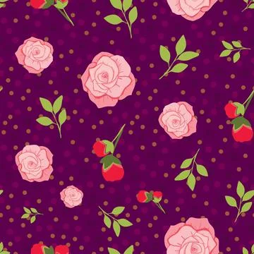 Roses floral seamless vector pattern design on purple background Stock Illustration