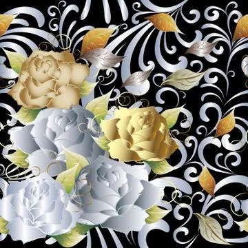 Roses floral vector seamless pattern. Vintage background. Golden and white 3d Stock Illustration