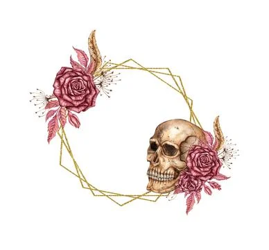 Roses gothic and skull frame circle watercolor Stock Illustration