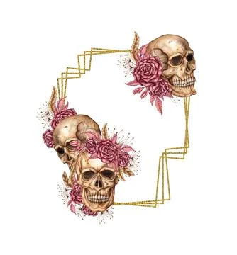 Roses gothic and skulls frame cross watercolor Stock Illustration