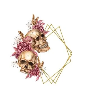Roses gothic and skulls frame rhombus watercolor Stock Illustration