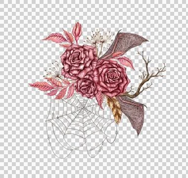 Roses grass bat wings spider web watercolor Stock Illustration