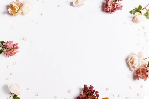 Roses, hydrangea. Flower composition on white background. Stock Photos