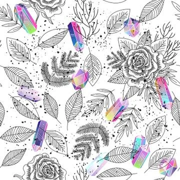 Roses, leafs, crystals seamless background vector Stock Illustration
