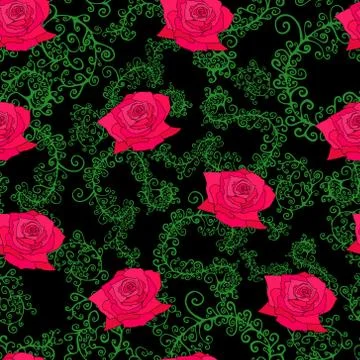 Roses, leaves, branches, seamless pattern. Stock Illustration