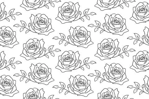 Roses outline seamless pattern. Black and white hand-drawn contour line. Stock Illustration