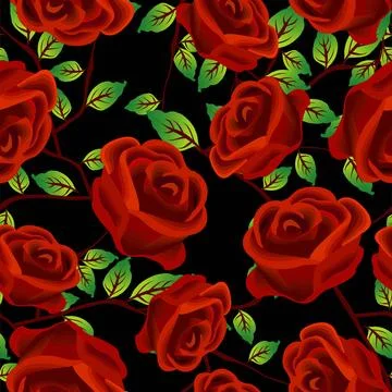 Roses over black pattern Seamless background design with stylized red rose... Stock Photos
