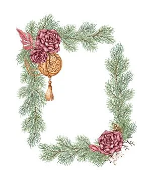 Roses pine ball chain rectangular frame watercolor 스톡 일러스트