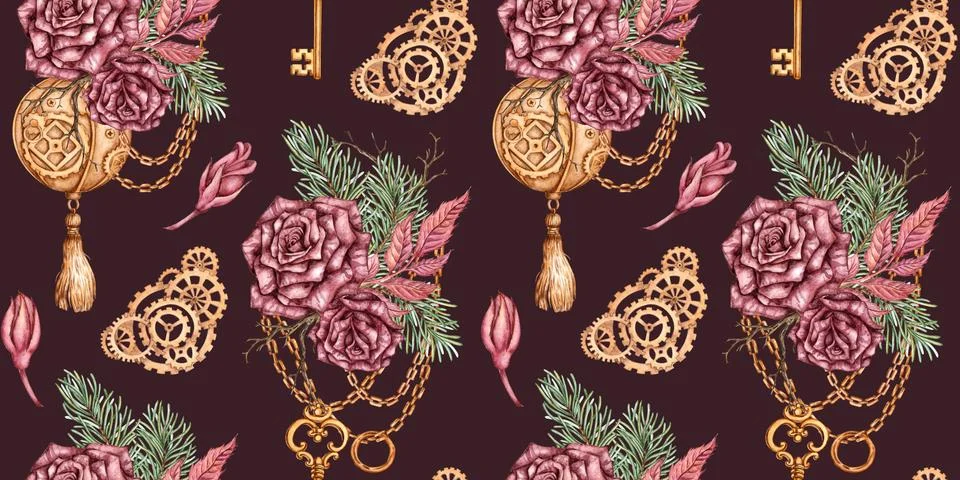 Roses Pine Ball Steampunk Pattern Deep Maroon Watercolor Illustrazione stock