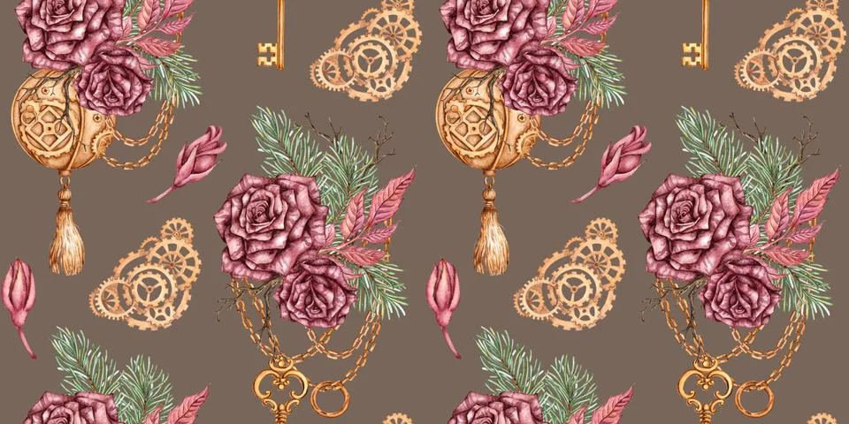 Roses Pine Ball Steampunk Pattern Taupe Watercolor Stock Illustration