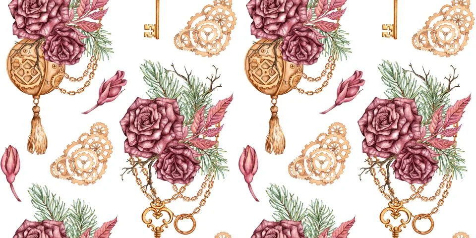 Roses pine ball steampunk pattern watercolor Stock Illustration