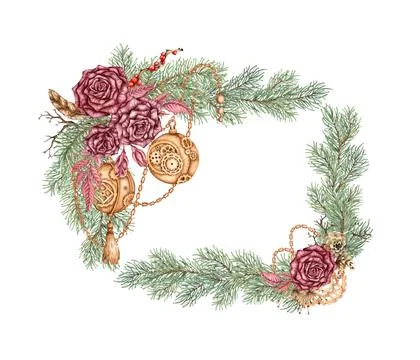 Roses pine balls pendants rectangular frame watercolor 스톡 일러스트