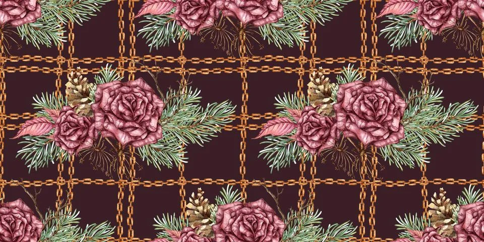 Roses Pine Branch Chain Pattern Deep Maroon Watercolor Stock Illustration