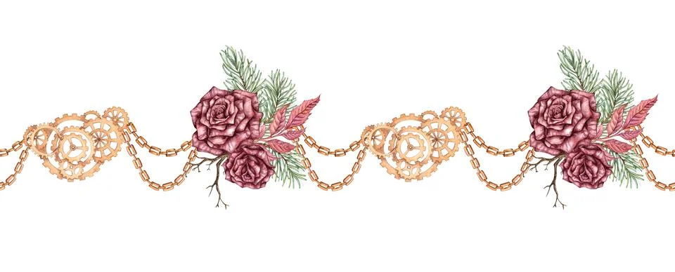 Roses pine branch chain pattern horizontal watercolor Stock Illustration