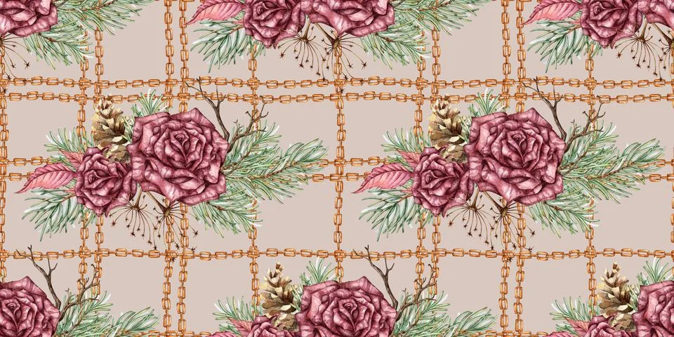Roses pine branch chain pattern warm nude watercolor Stock Illustration