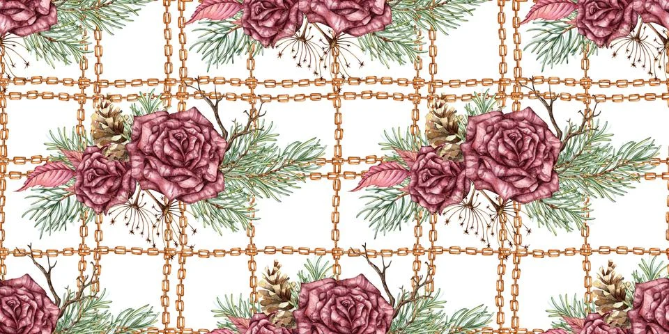 Roses pine branch chain pattern watercolor Stockillustratie