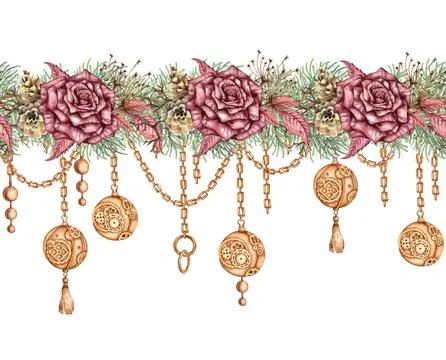 Roses pine chain balls pattern horizontal watercolor Stock Illustration