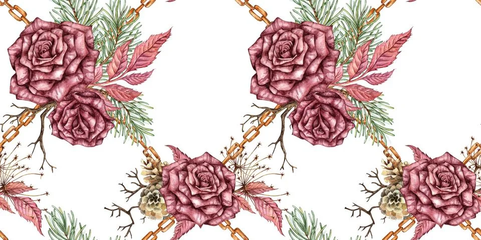 Roses pine chain dry branches pattern watercolor Stockillustratie