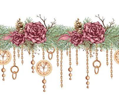 Roses pine chain gears pattern horizontal watercolor Stockillustratie