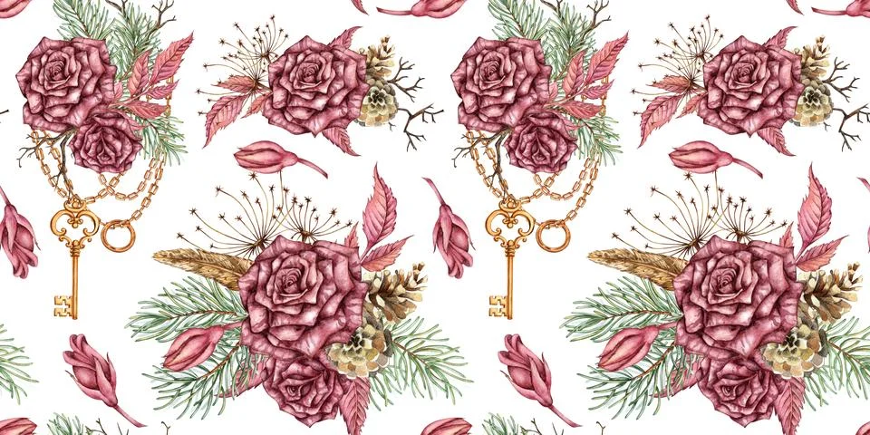 Roses pine chain key steampunk pattern watercolor Illustrazione stock