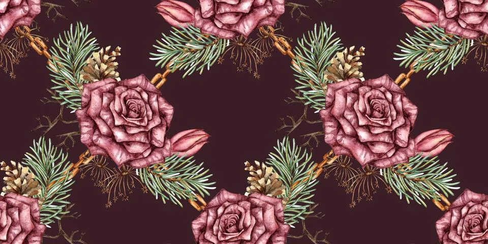 Roses Pine Chain Pattern Deep Maroon Watercolor Stock Illustration
