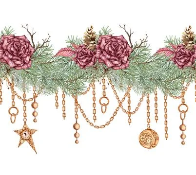 Roses pine chain pattern horizontal watercolor Stockillustratie