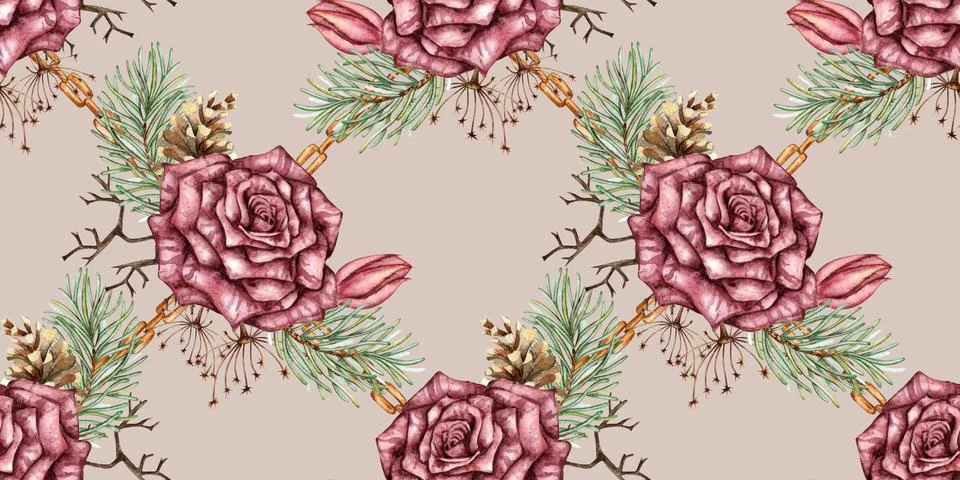 Roses pine chain pattern warm nude watercolor Illustrazione stock