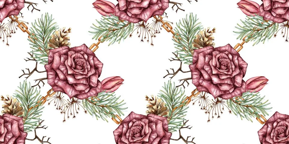 Roses pine chain pattern watercolor Stock Illustration