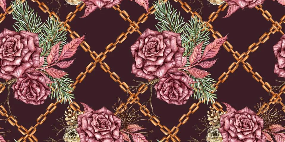 Roses Pine Chains Branches Pattern Deep Maroon Watercolor Stock Illustration