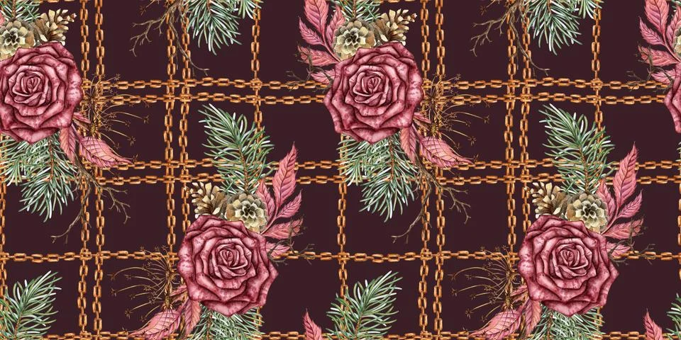 Roses Pine Chains Cage Pattern Deep Maroon Watercolor Illustrazione stock