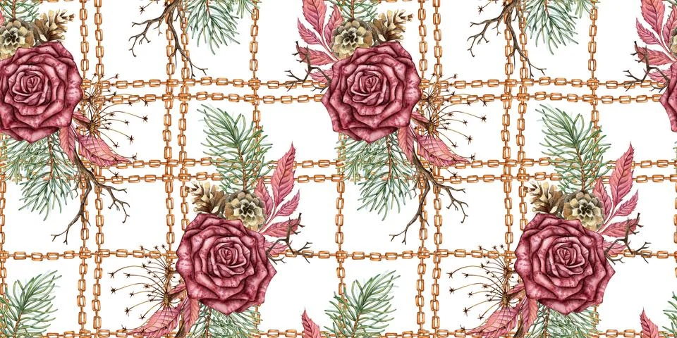 Roses pine chains cage pattern watercolor Stockillustratie