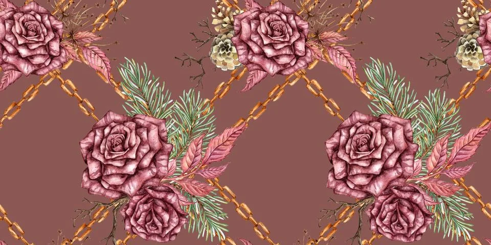 Roses pine chains cones dark pink pattern watercolor Stock Illustration