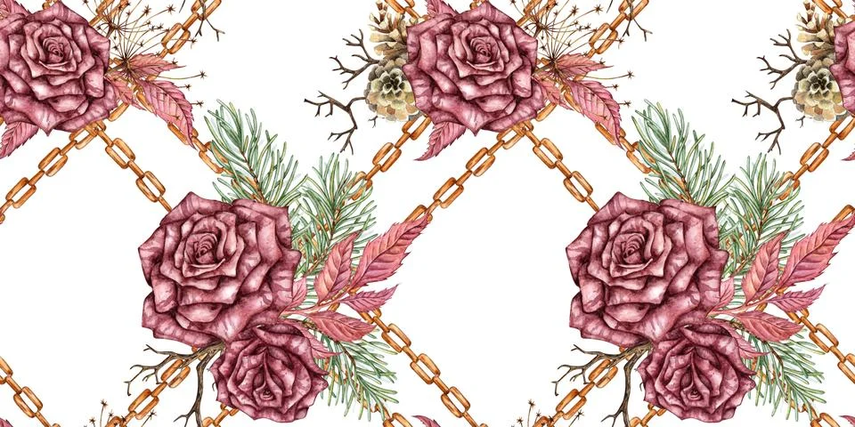 Roses pine chains cones pattern watercolor Stock Illustration