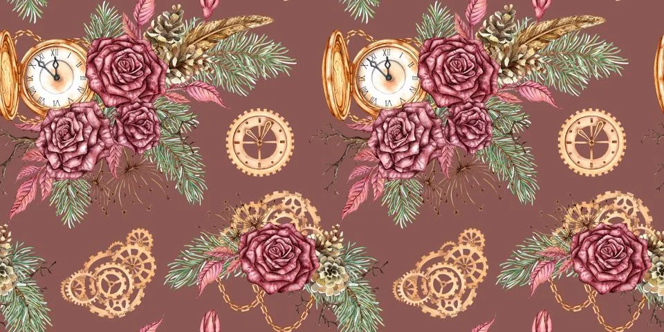 Roses pine clock gears steampunk pattern dark pink watercolor Stock Illustration
