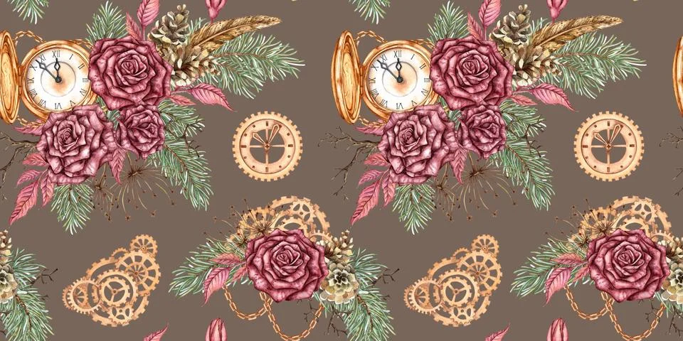 Roses Pine Clock Gears Steampunk Pattern Taupe Watercolor Stock Illustration