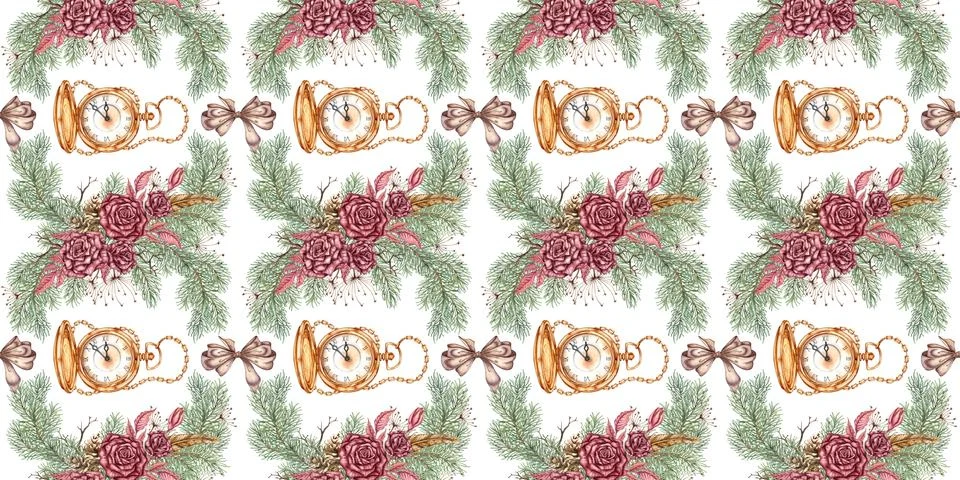 Roses pine clock steampunk pattern watercolor Illustrazione stock