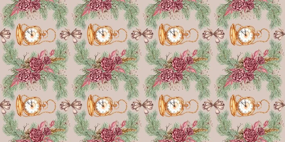 Roses pine clock steampunk pattern warm nude watercolor Stockillustratie